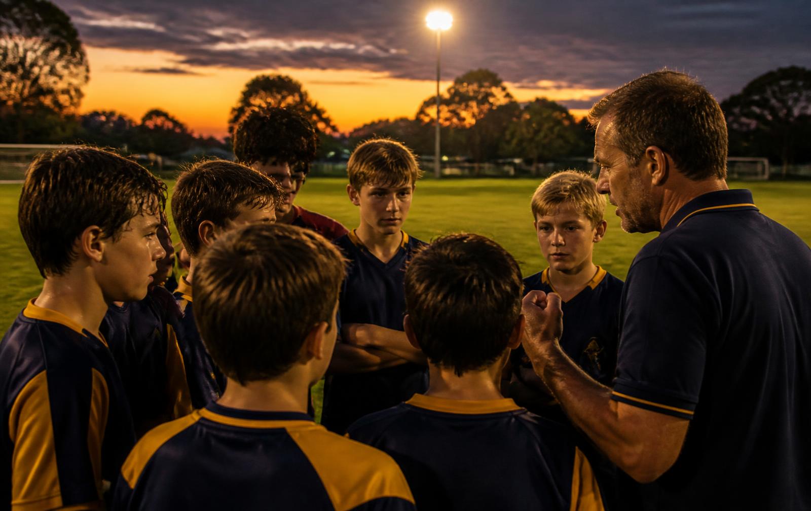 Équipe de jeunes footballeurs réunie autour de son éducateur sur un terrain municipal